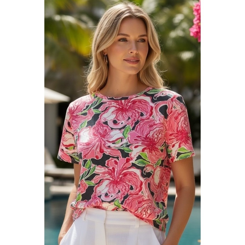 New Lilly Pulitzer Prima top Onyx Party All the Time floral flamingo pink Small